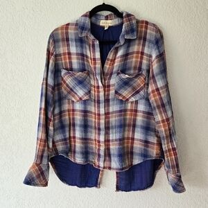 Anthropologie Cloth & Stone S Plaid‎ Split Back Button Down Top Long Sleeve